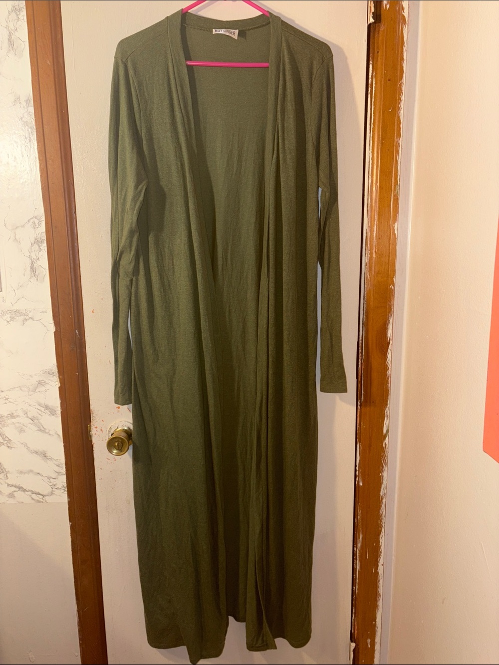 *2 for $15*Hot Ginger Long Open-Front Maxi Dress Cardigan - Olive Green
